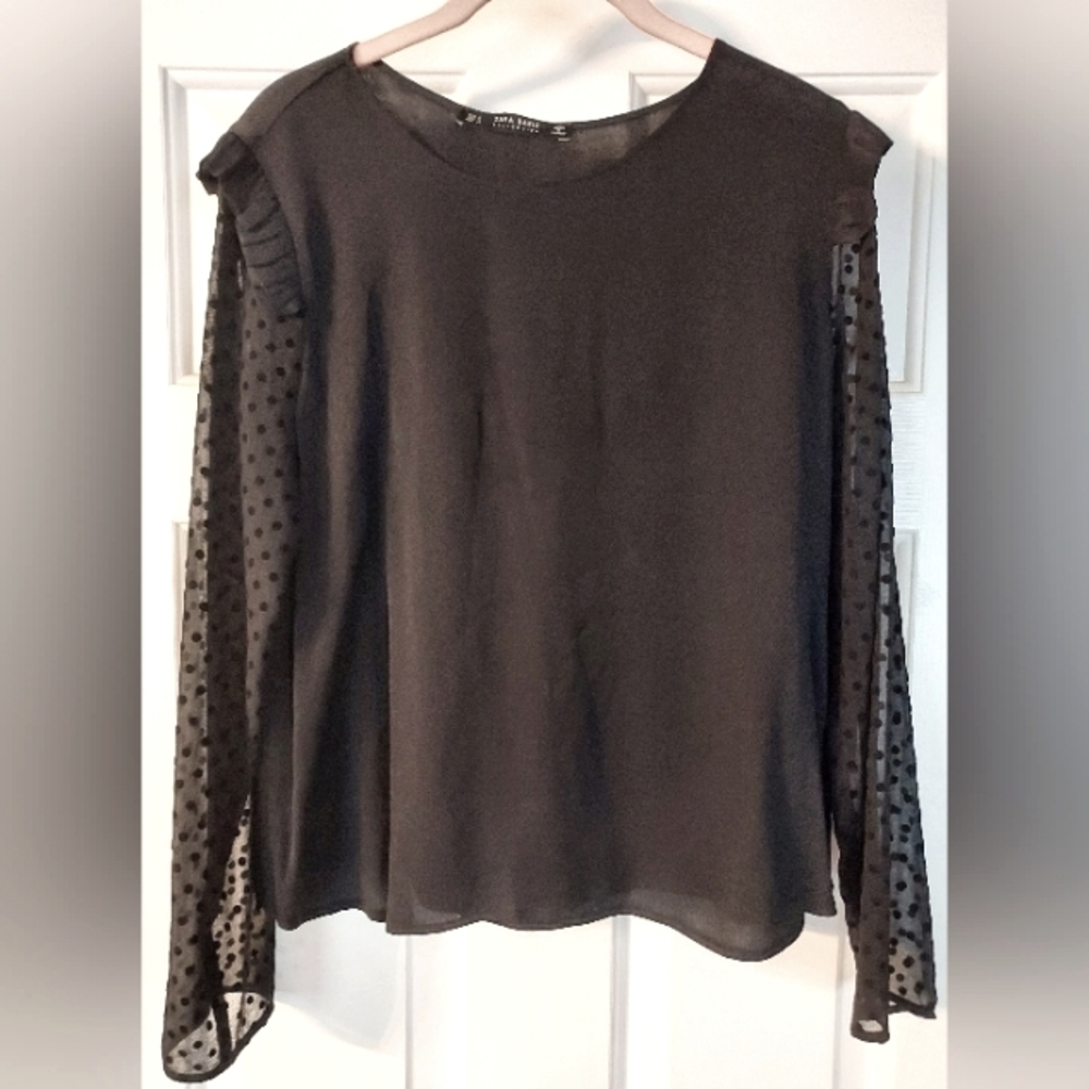 Zara Basic Collection Black Frilled Polka Dot Blouse Size M